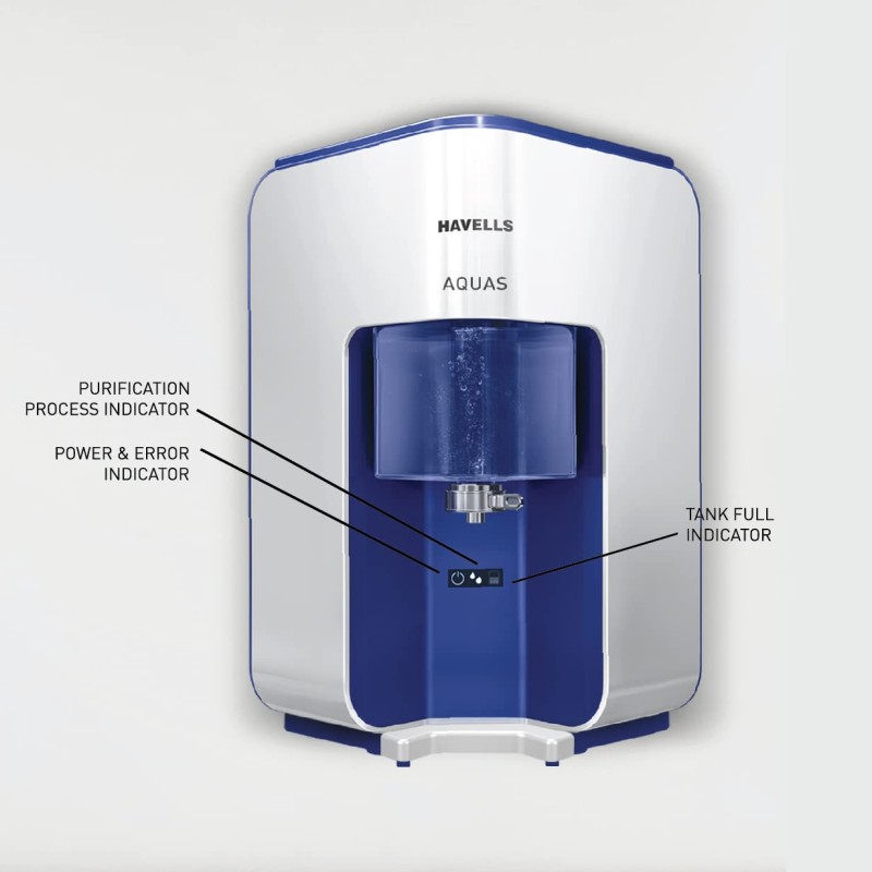 Havells AQUAS Water Purifier (White and Blue), RO+UF, Copper+Zinc+Minerals, 5 stage Purification, 7L Tank, Suitable for Borwell, Tanker & Municipal Water Havells AQUAS Water Purifier (White and Blue), RO+UF, Copper+Zinc+Minerals, 5 stage Purification, 7L Tank, Suitable for Borwell, Tanker & Municipal Water