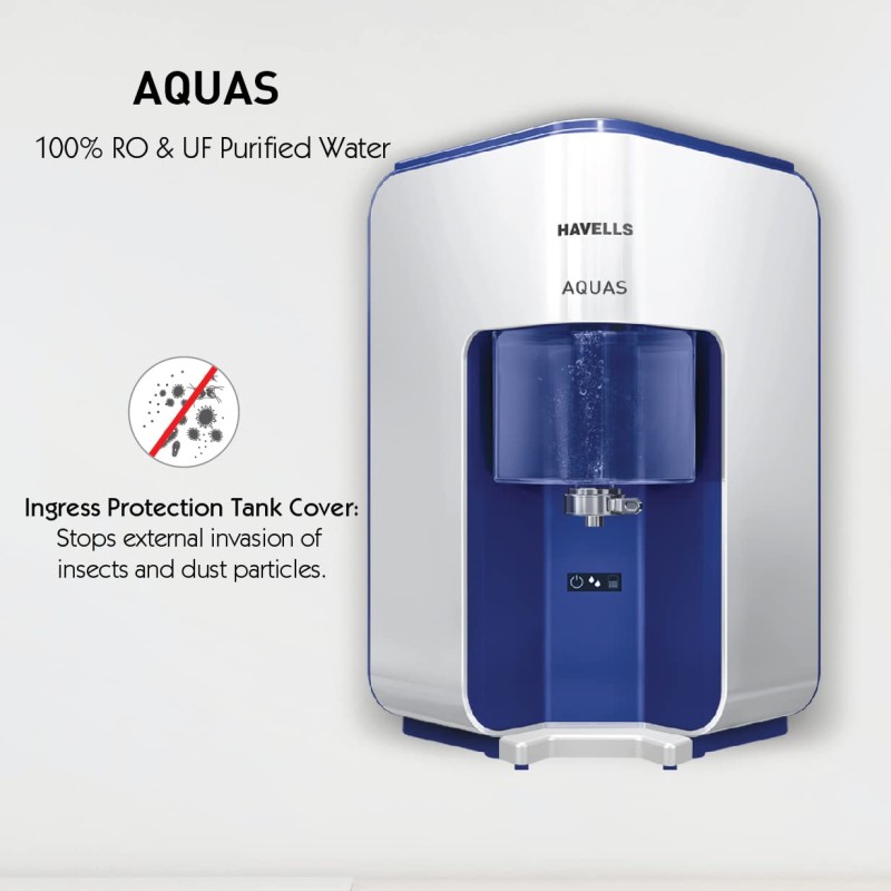 Havells AQUAS Water Purifier (White and Blue), RO+UF, Copper+Zinc+Minerals, 5 stage Purification, 7L Tank, Suitable for Borwell, Tanker & Municipal Water Havells AQUAS Water Purifier (White and Blue), RO+UF, Copper+Zinc+Minerals, 5 stage Purification, 7L Tank, Suitable for Borwell, Tanker & Municipal Water