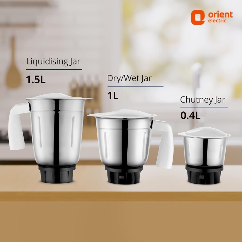 Orient Electric 750W mixer grinder | Super power 750 MGSP75WB3 3 jar with 3 SS jars | Longer life balanced coil motor | ABS body | Uniform grinding Orient Electric 750W mixer grinder | Super power 750 MGSP75WB3 3 jar with 3 SS jars | Longer life balanced coil motor | ABS body | Uniform grinding