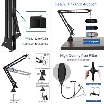 Audio Array AA-01 Suspension Boom Scissor Microphone Stand | Double Layer Mesh Pop Filter | Sturdy Boom Arm with 1.8kg Capacity | 5/8" to 3/8" Screw Adapter | Mic Holder | Mic Foam Cover | Cable Ties