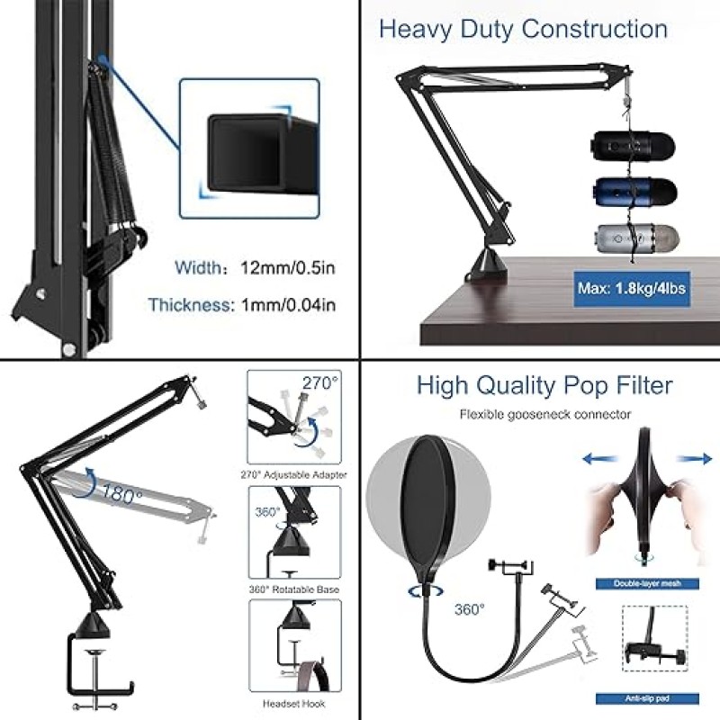 Audio Array AA-01 Suspension Boom Scissor Microphone Stand | Double Layer Mesh Pop Filter | Sturdy Boom Arm with 1.8kg Capacity | 5/8" to 3/8" Screw Adapter | Mic Holder | Mic Foam Cover | Cable Ties Audio Array AA-01 Suspension Boom Scissor Microphone Stand | Double Layer Mesh Pop Filter | Sturdy Boom Arm with 1.8kg Capacity | 5/8" to 3/8" Screw Adapter | Mic Holder | Mic Foam Cover | Cable Ties