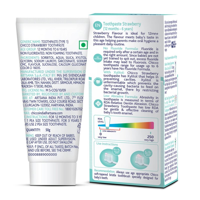Chicco Toothpaste for Kids (1y-6y), Strawberry Flavour, 50g | Fluoride-Free | Removes Plaque, Helps Prevent Cavities Chicco Toothpaste for Kids (1y-6y), Strawberry Flavour, 50g | Fluoride-Free | Removes Plaque, Helps Prevent Cavities