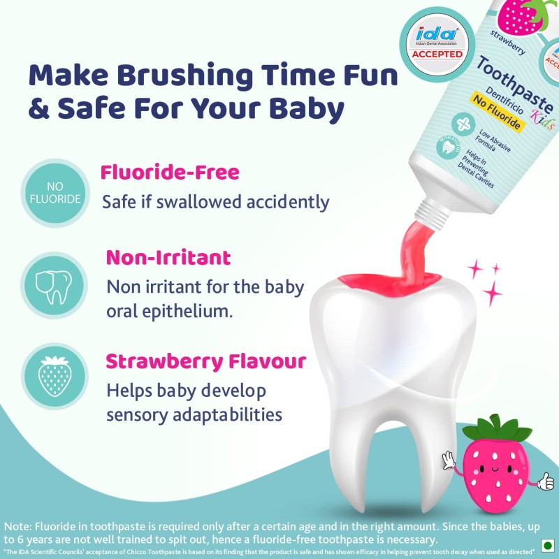 Chicco Toothpaste for Kids (1y-6y), Strawberry Flavour, 50g | Fluoride-Free | Removes Plaque, Helps Prevent Cavities Chicco Toothpaste for Kids (1y-6y), Strawberry Flavour, 50g | Fluoride-Free | Removes Plaque, Helps Prevent Cavities