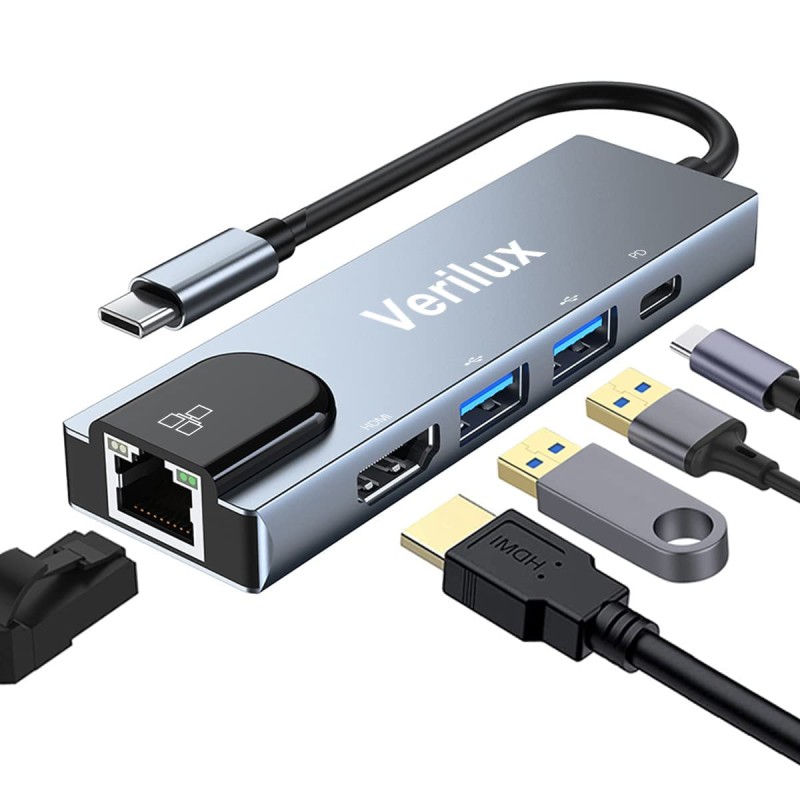 Verilux® USB C Hub, 5-in-1 Multiport Adapter Type C Hub with 4K HDMI Output,100W PD,100M Ethernet,1USB 3.0 and 1USB 2.0 Ports for MacBook Pro, MacBook Air M1 Verilux® USB C Hub, 5-in-1 Multiport Adapter Type C Hub with 4K HDMI Output,100W PD,100M Ethernet,1USB 3.0 and 1USB 2.0 Ports for MacBook Pro, MacBook Air M1