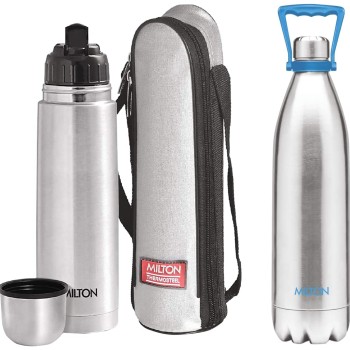 Milton Duo 2200 Thermosteel 24 Hours Hot and Cold Water Bottle with Handle, 2.02 litres, Silver & milton thermosteel flip lid Flask, 1000 milliliters, Silver