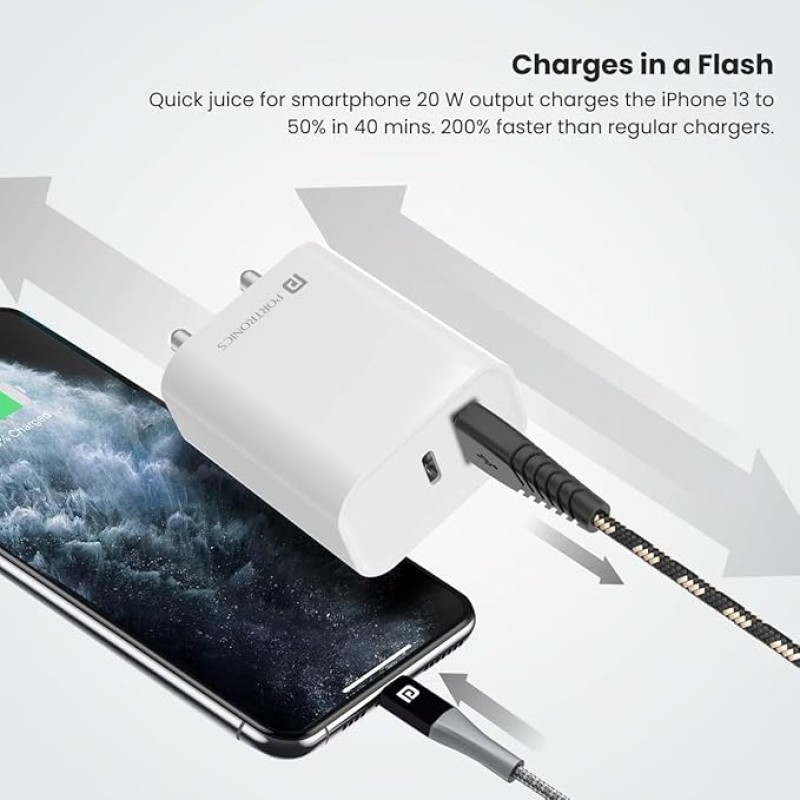 Portronics Adapto 45 22.5W Max Output USB & Type-C Dual Output Super Fast Charger,Wall Adapter Power Delivery 3.0& USB A Fast Charge Adaptor for iPhone,Android & Other Type C Enabled Devices(White)