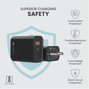 Portronics Adapto 45 22.5 W Mobile Charger Adapter with Dual Port (USB A + PD Type C), Fast Charging, Short Circuit Protection, Wide Compatibility (Black)