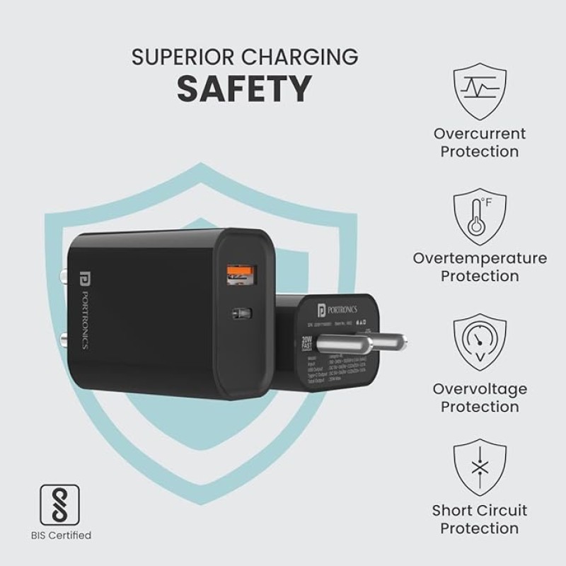 Portronics Adapto 45 22.5 W Mobile Charger Adapter with Dual Port (USB A + PD Type C), Fast Charging, Short Circuit Protection, Wide Compatibility (Black) Portronics Adapto 45 22.5 W Mobile Charger Adapter with Dual Port (USB A + PD Type C), Fast Charging, Short Circuit Protection, Wide Compatibility (Black)