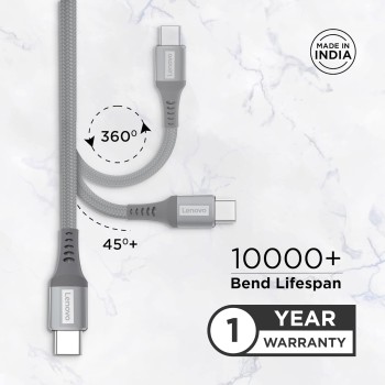 Lenovo USB C to Type-C Tangle-free Aramid fiber braided 1.2m cable with Fast PD charging(upto 100W support) & 480 MBPS data transmission, certified 10000+ bend lifespan, Metallic Grey Lenovo USB C to Type-C Tangle-free Aramid fiber braided 1.2m cable with Fast PD charging(upto 100W support) & 480 MBPS data transmission, certified 10000+ bend lifespan, Metallic Grey
