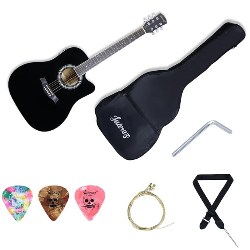 Juarez JRB41C/BK-EQ 41 Inch Acoustic Guitar Kit with Truss Rod, Solid Linden Wood, Ziko Strings, Pearl Rosette, Rosewood Fretboard & Bridge, Die Cast Machine with Picks, Strap, Strings & Bag Black Juarez JRB41C/BK-EQ 41 Inch Acoustic Guitar Kit with Truss Rod, Solid Linden Wood, Ziko Strings, Pearl Rosette, Rosewood Fretboard & Bridge, Die Cast Machine with Picks, Strap, Strings & Bag Black
