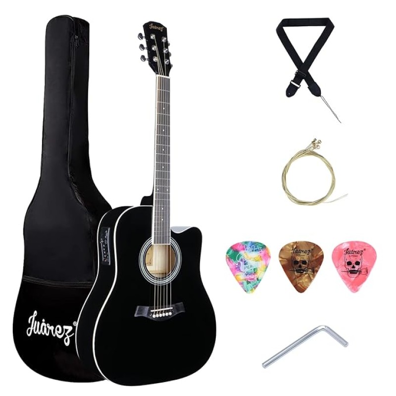 Juarez JRB41C/BK-EQ 41 Inch Acoustic Guitar Kit with Truss Rod, Solid Linden Wood, Ziko Strings, Pearl Rosette, Rosewood Fretboard & Bridge, Die Cast Machine with Picks, Strap, Strings & Bag Black Juarez JRB41C/BK-EQ 41 Inch Acoustic Guitar Kit with Truss Rod, Solid Linden Wood, Ziko Strings, Pearl Rosette, Rosewood Fretboard & Bridge, Die Cast Machine with Picks, Strap, Strings & Bag Black