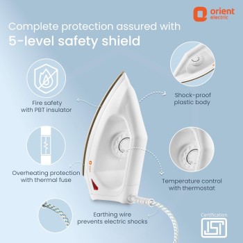 Orient Electric Fabrismooth 1000W Dry iron (Press) | Non-stick Weilburger coating| Silver Layered Thermostat| G-shaped heating element| ISI certified Orient Electric Fabrismooth 1000W Dry iron (Press) | Non-stick Weilburger coating| Silver Layered Thermostat| G-shaped heating element| ISI certified