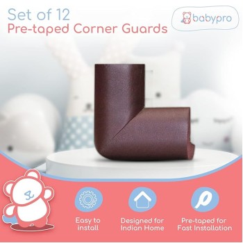 BabyPro BabyProofing Corner Guards (12mm, Pack of 8) with Strong Adhesive Tape by Certified Professional Childproofer for Covering Sharp Edges & Corners of Bed, Table & Furniture (Brown)