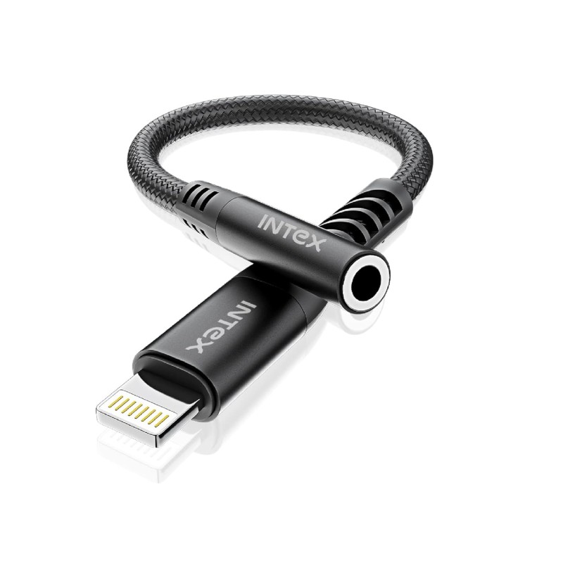 Intex Speed Lightning to 3.5mm AUX Connector with DAC Chipset, HD Audio Output, Compatible with iOS Smartphones, Compact Size, Nylon Braided with Metal Shell Design, Durable & Flexible(Black) Intex Speed Lightning to 3.5mm AUX Connector with DAC Chipset, HD Audio Output, Compatible with iOS Smartphones, Compact Size, Nylon Braided with Metal Shell Design, Durable & Flexible(Black)