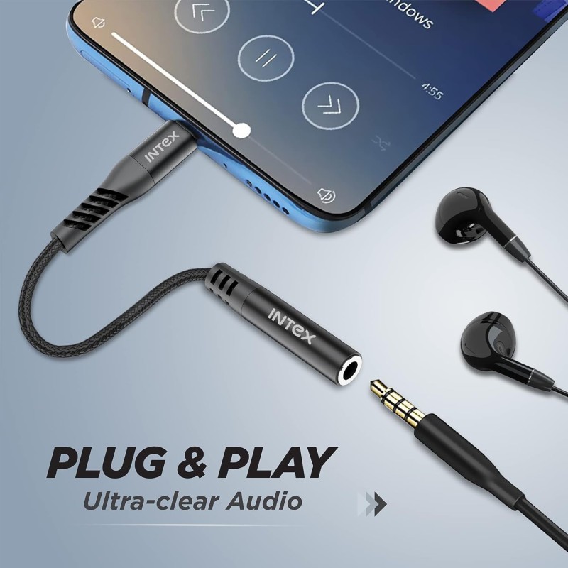 Intex Speed Lightning to 3.5mm AUX Connector with DAC Chipset, HD Audio Output, Compatible with iOS Smartphones, Compact Size, Nylon Braided with Metal Shell Design, Durable & Flexible(Black) Intex Speed Lightning to 3.5mm AUX Connector with DAC Chipset, HD Audio Output, Compatible with iOS Smartphones, Compact Size, Nylon Braided with Metal Shell Design, Durable & Flexible(Black)