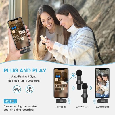 3 in 1 K8 Wireless Microphone, Digital Mini Portable Recording Clip Mic with Receiver for All Android Lightning Mobile Phones Camera Laptop for Vlogging YouTube Online Class, Zoom Call
