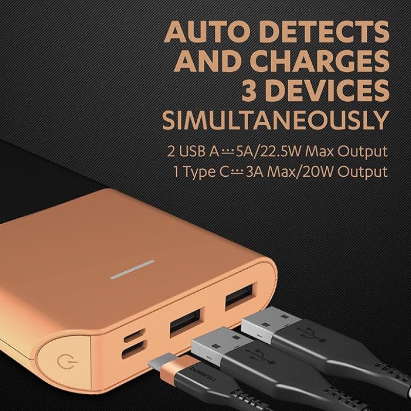 Duracell Power Bank 10000 mAh, Portable Charger, USB C/Micro USB Input, USB A/USB C Output, Fast Charge Technology, 22.5W Power Delivery for Smartphones, Tablets, Headphones and USB-Powered Devices Duracell Power Bank 10000 mAh, Portable Charger, USB C/Micro USB Input, USB A/USB C Output, Fast Charge Technology, 22.5W Power Delivery for Smartphones, Tablets, Headphones and USB-Powered Devices