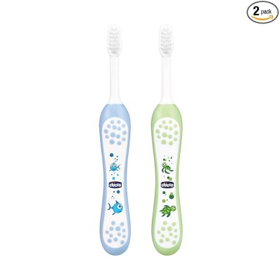 Chicco Baby Manual Toothbrush For Infants (6M-36M), Set Of 2|Extra Soft Tapered Bristles Ideal For Milk Teeth|Bpa Free (Blue, Green) Chicco Baby Manual Toothbrush For Infants (6M-36M), Set Of 2|Extra Soft Tapered Bristles Ideal For Milk Teeth|Bpa Free (Blue, Green)