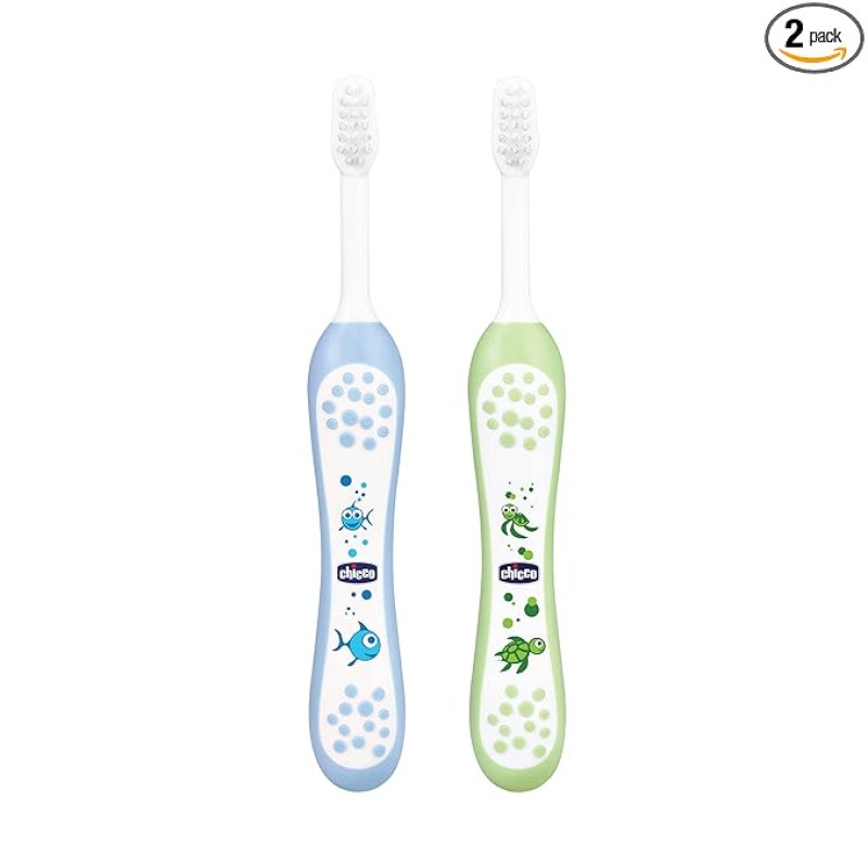 Chicco Baby Manual Toothbrush For Infants (6M-36M), Set Of 2|Extra Soft Tapered Bristles Ideal For Milk Teeth|Bpa Free (Blue, Green) Chicco Baby Manual Toothbrush For Infants (6M-36M), Set Of 2|Extra Soft Tapered Bristles Ideal For Milk Teeth|Bpa Free (Blue, Green)