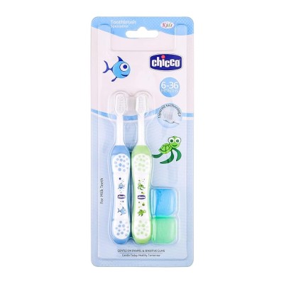 Chicco Baby Manual Toothbrush For Infants (6M-36M), Set Of 2|Extra Soft Tapered Bristles Ideal For Milk Teeth|Bpa Free (Blue, Green) Chicco Baby Manual Toothbrush For Infants (6M-36M), Set Of 2|Extra Soft Tapered Bristles Ideal For Milk Teeth|Bpa Free (Blue, Green)