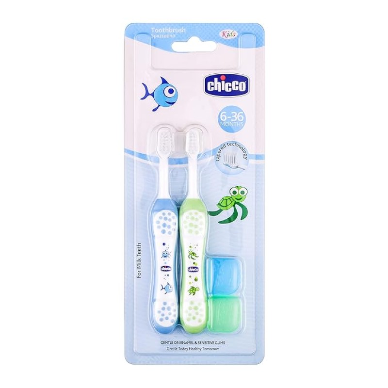 Chicco Baby Manual Toothbrush For Infants (6M-36M), Set Of 2|Extra Soft Tapered Bristles Ideal For Milk Teeth|Bpa Free (Blue, Green) Chicco Baby Manual Toothbrush For Infants (6M-36M), Set Of 2|Extra Soft Tapered Bristles Ideal For Milk Teeth|Bpa Free (Blue, Green)