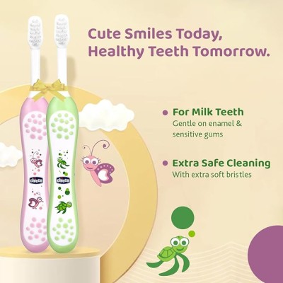 Chicco Baby Manual Toothbrush For Infants (6M-36M), Set Of 2|Extra Soft Tapered Bristles Ideal For Milk Teeth|Bpa Free (Blue, Green) Chicco Baby Manual Toothbrush For Infants (6M-36M), Set Of 2|Extra Soft Tapered Bristles Ideal For Milk Teeth|Bpa Free (Blue, Green)
