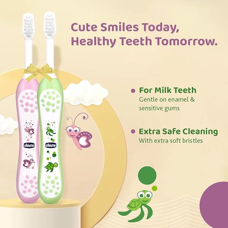Chicco Baby Manual Toothbrush For Infants (6M-36M), Set Of 2|Extra Soft Tapered Bristles Ideal For Milk Teeth|Bpa Free (Blue, Green) Chicco Baby Manual Toothbrush For Infants (6M-36M), Set Of 2|Extra Soft Tapered Bristles Ideal For Milk Teeth|Bpa Free (Blue, Green)