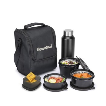SIGNORA WARE Monarch Premium Microwave Safe Lunch Box (3 Stainless Steel Containers + Pickle Box + Steel Bottle + Insulated Bag, 500Ml+350Ml+200Ml+100Ml +700Ml Bottle,Set of 5,Black Office Series)