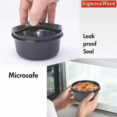 SIGNORA WARE Monarch Premium Microwave Safe Lunch Box (3 Stainless Steel Containers + Pickle Box + Steel Bottle + Insulated Bag, 500Ml+350Ml+200Ml+100Ml +700Ml Bottle,Set of 5,Black Office Series)