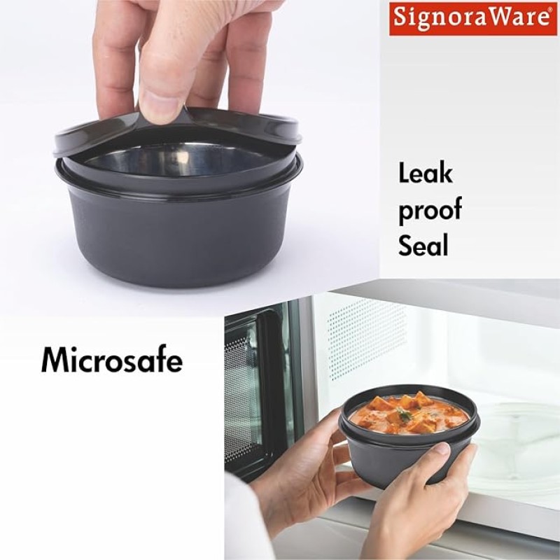 SIGNORA WARE Monarch Premium Microwave Safe Lunch Box (3 Stainless Steel Containers + Pickle Box + Steel Bottle + Insulated Bag, 500Ml+350Ml+200Ml+100Ml +700Ml Bottle,Set of 5,Black Office Series) SIGNORA WARE Monarch Premium Microwave Safe Lunch Box (3 Stainless Steel Containers + Pickle Box + Steel Bottle + Insulated Bag, 500Ml+350Ml+200Ml+100Ml +700Ml Bottle,Set of 5,Black Office Series)