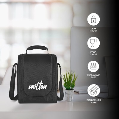 Milton Pro Lunch Tiffin (3 Microwave Safe Inner Steel Containers, 180/320/450 ml; 1 Plastic Chutney Dabba,100 ml; 1 Aqua Steel Bottle, 750 ml, Steel Spoon and Fork) With Insulated Fabric Jacket, Black Milton Pro Lunch Tiffin (3 Microwave Safe Inner Steel Containers, 180/320/450 ml; 1 Plastic Chutney Dabba,100 ml; 1 Aqua Steel Bottle, 750 ml, Steel Spoon and Fork) With Insulated Fabric Jacket, Black