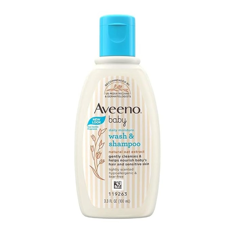 Aveeno Baby Daily Moisture Wash and Shampoo (100ml) | Cleanses hair & body | Oat kernel extract & glycerin | Tear-free, soap-free, paraben-free, hypoallergenic | US #1 Pediatrician recommended Aveeno Baby Daily Moisture Wash and Shampoo (100ml) | Cleanses hair & body | Oat kernel extract & glycerin | Tear-free, soap-free, paraben-free, hypoallergenic | US #1 Pediatrician recommended