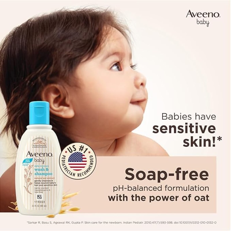 Aveeno Baby Daily Moisture Wash and Shampoo (100ml) | Cleanses hair & body | Oat kernel extract & glycerin | Tear-free, soap-free, paraben-free, hypoallergenic | US #1 Pediatrician recommended Aveeno Baby Daily Moisture Wash and Shampoo (100ml) | Cleanses hair & body | Oat kernel extract & glycerin | Tear-free, soap-free, paraben-free, hypoallergenic | US #1 Pediatrician recommended
