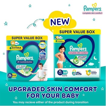 Pampers All Round Protection Pants Style Baby Diapers, Extra Large size (XL), 168 Count, 12-17kg, Anti-rash blanket, 360 degree Lotion with Aloe Vera