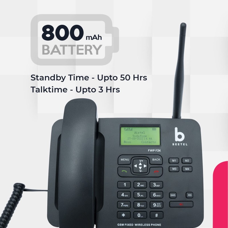 Beetel F2K GSM Fixed Wireless Phone, LCD Display, Supports Quad Band, Dual Sim, Hotline with Keypad Lock, Alarm, Calculator, Calendar, Low Battery Alert, Two-Way Speaker, 4 Direct Memory Keys (Black) Beetel F2K GSM Fixed Wireless Phone, LCD Display, Supports Quad Band, Dual Sim, Hotline with Keypad Lock, Alarm, Calculator, Calendar, Low Battery Alert, Two-Way Speaker, 4 Direct Memory Keys (Black)
