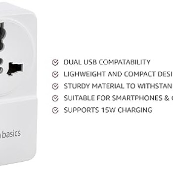 USB Adaptor with 1 Universal AC Socket and 2 USB Ports (White)