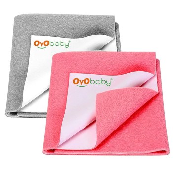 OYO BABY Extra Absorbent Waterproof Baby Dry Sheet Small Size (70x50cm) – Pack of 2 – Quick Dry Sheet for Bed Protector, Soft & Breathable Grey + Salmon Rose