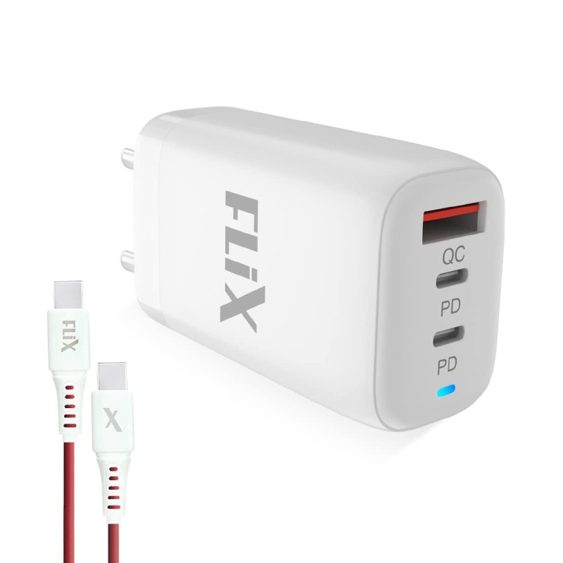 FLiX (Beetel) Storm 65W PD & QC GaN Tech Fast Charging Wall Charger for Mobile(Android/iOS), Laptop & MacBook, Triple Output (1Type A+2Type C),Wide Compatibility, with 65W Type C Cable(White - ST165) FLiX (Beetel) Storm 65W PD & QC GaN Tech Fast Charging Wall Charger for Mobile(Android/iOS), Laptop & MacBook, Triple Output (1Type A+2Type C),Wide Compatibility, with 65W Type C Cable(White - ST165)
