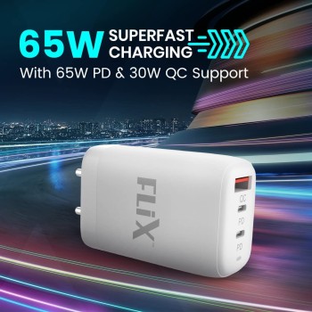 FLiX (Beetel) Storm 65W PD & QC GaN Tech Fast Charging Wall Charger for Mobile(Android/iOS), Laptop & MacBook, Triple Output (1Type A+2Type C),Wide Compatibility, with 65W Type C Cable(White - ST165) FLiX (Beetel) Storm 65W PD & QC GaN Tech Fast Charging Wall Charger for Mobile(Android/iOS), Laptop & MacBook, Triple Output (1Type A+2Type C),Wide Compatibility, with 65W Type C Cable(White - ST165)