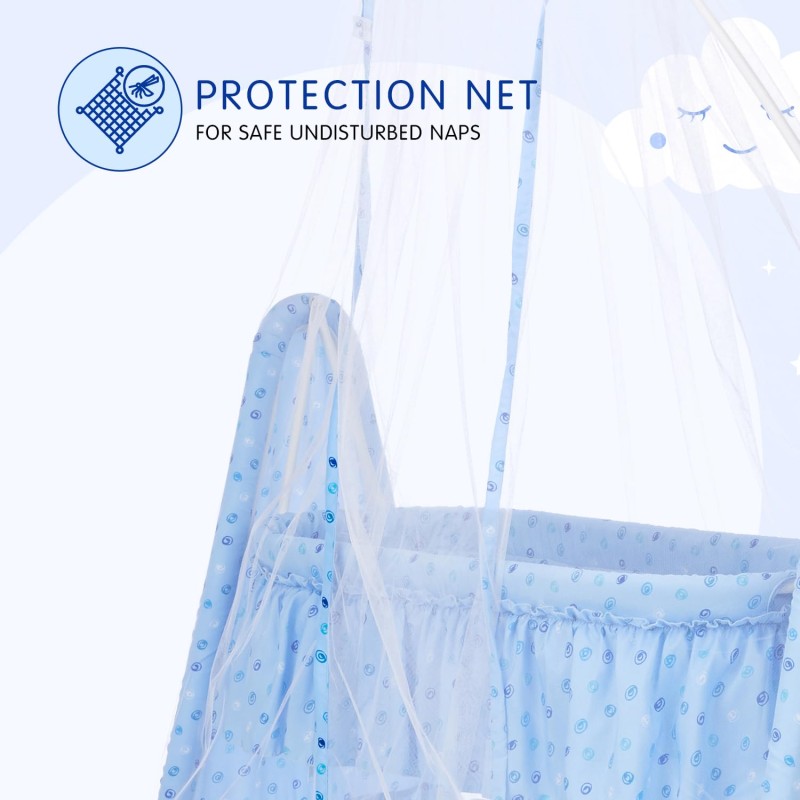 Supples Baby Cradle with Swing and Mosquito Net | Blue | for Babies up to 10 Months | Sturdy and Safe Design | 4 Wheels with Brakes | with Swing Lock and Storage Supples Baby Cradle with Swing and Mosquito Net | Blue | for Babies up to 10 Months | Sturdy and Safe Design | 4 Wheels with Brakes | with Swing Lock and Storage