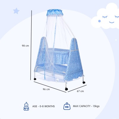Supples Baby Cradle with Swing and Mosquito Net | Blue | for Babies up to 10 Months | Sturdy and Safe Design | 4 Wheels with Brakes | with Swing Lock and Storage Supples Baby Cradle with Swing and Mosquito Net | Blue | for Babies up to 10 Months | Sturdy and Safe Design | 4 Wheels with Brakes | with Swing Lock and Storage