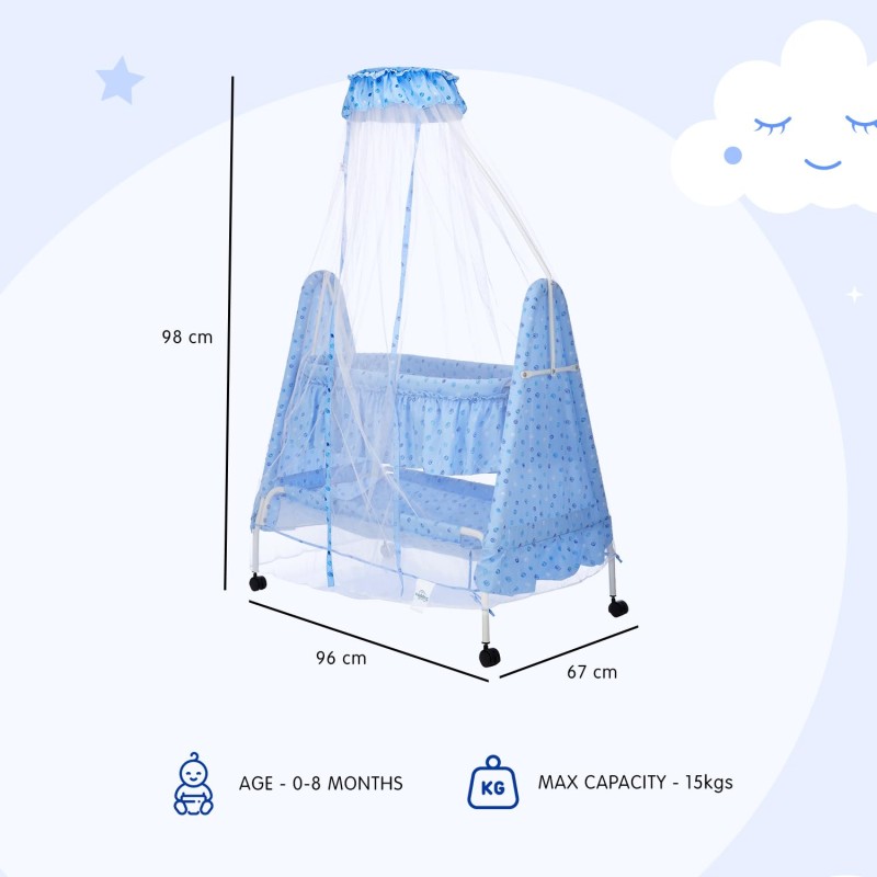 Supples Baby Cradle with Swing and Mosquito Net | Blue | for Babies up to 10 Months | Sturdy and Safe Design | 4 Wheels with Brakes | with Swing Lock and Storage Supples Baby Cradle with Swing and Mosquito Net | Blue | for Babies up to 10 Months | Sturdy and Safe Design | 4 Wheels with Brakes | with Swing Lock and Storage