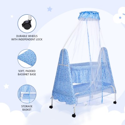 Supples Baby Cradle with Swing and Mosquito Net | Blue | for Babies up to 10 Months | Sturdy and Safe Design | 4 Wheels with Brakes | with Swing Lock and Storage Supples Baby Cradle with Swing and Mosquito Net | Blue | for Babies up to 10 Months | Sturdy and Safe Design | 4 Wheels with Brakes | with Swing Lock and Storage
