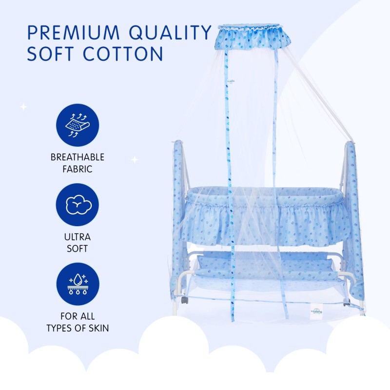 Supples Baby Cradle with Swing and Mosquito Net | Blue | for Babies up to 10 Months | Sturdy and Safe Design | 4 Wheels with Brakes | with Swing Lock and Storage Supples Baby Cradle with Swing and Mosquito Net | Blue | for Babies up to 10 Months | Sturdy and Safe Design | 4 Wheels with Brakes | with Swing Lock and Storage