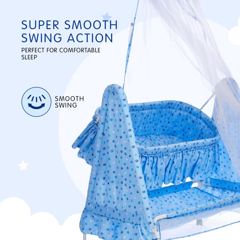 Supples Baby Cradle with Swing and Mosquito Net | Blue | for Babies up to 10 Months | Sturdy and Safe Design | 4 Wheels with Brakes | with Swing Lock and Storage Supples Baby Cradle with Swing and Mosquito Net | Blue | for Babies up to 10 Months | Sturdy and Safe Design | 4 Wheels with Brakes | with Swing Lock and Storage