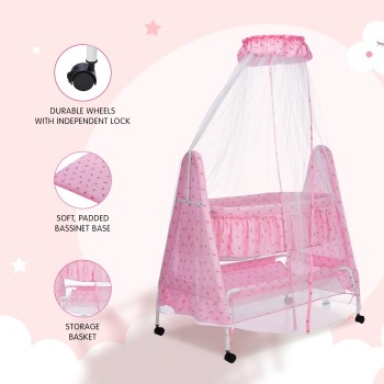 Supples Baby Cradle with Swing and Mosquito Net | Pink | for Babies up to 10 Months | Sturdy and Safe Design | 4 Wheels with Brakes | with Swing Lock and Storage Supples Baby Cradle with Swing and Mosquito Net | Pink | for Babies up to 10 Months | Sturdy and Safe Design | 4 Wheels with Brakes | with Swing Lock and Storage