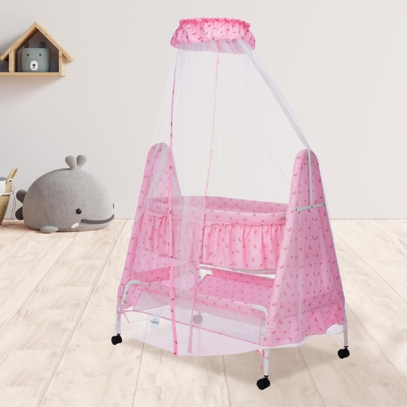 Supples Baby Cradle with Swing and Mosquito Net | Pink | for Babies up to 10 Months | Sturdy and Safe Design | 4 Wheels with Brakes | with Swing Lock and Storage Supples Baby Cradle with Swing and Mosquito Net | Pink | for Babies up to 10 Months | Sturdy and Safe Design | 4 Wheels with Brakes | with Swing Lock and Storage