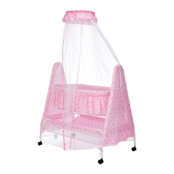 Supples Baby Cradle with Swing and Mosquito Net | Pink | for Babies up to 10 Months | Sturdy and Safe Design | 4 Wheels with Brakes | with Swing Lock and Storage