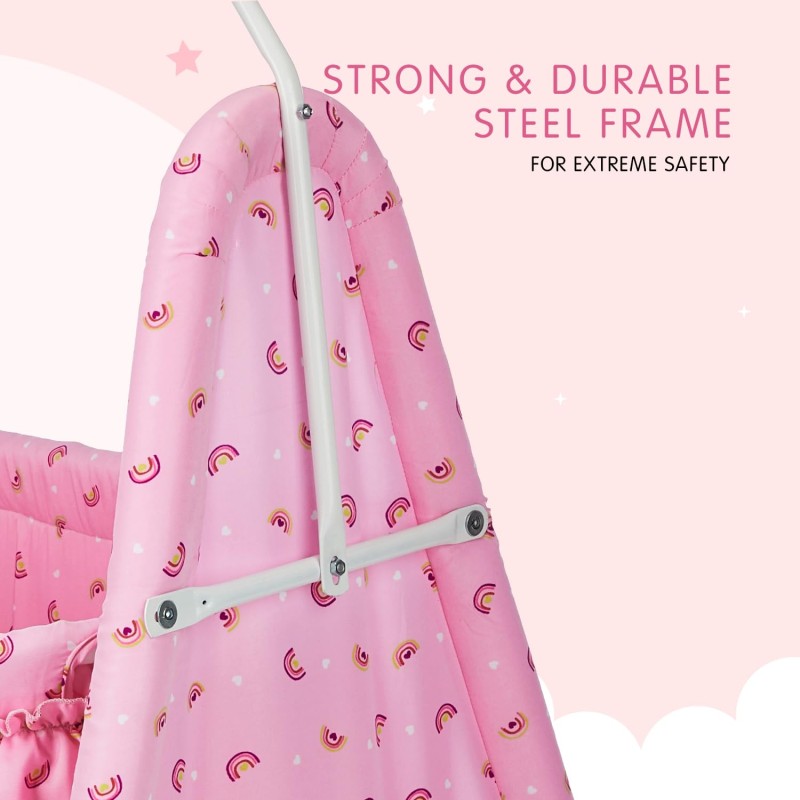Supples Baby Cradle with Swing and Mosquito Net | Pink | for Babies up to 10 Months | Sturdy and Safe Design | 4 Wheels with Brakes | with Swing Lock and Storage Supples Baby Cradle with Swing and Mosquito Net | Pink | for Babies up to 10 Months | Sturdy and Safe Design | 4 Wheels with Brakes | with Swing Lock and Storage