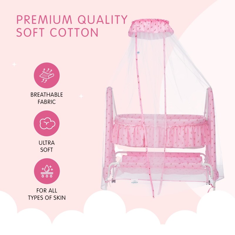 Supples Baby Cradle with Swing and Mosquito Net | Pink | for Babies up to 10 Months | Sturdy and Safe Design | 4 Wheels with Brakes | with Swing Lock and Storage Supples Baby Cradle with Swing and Mosquito Net | Pink | for Babies up to 10 Months | Sturdy and Safe Design | 4 Wheels with Brakes | with Swing Lock and Storage